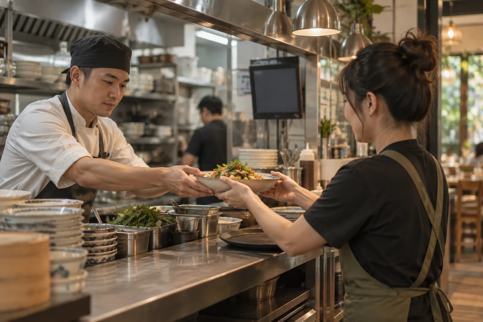 Đầu bếp trao món vừa hoàn thành cho nhân viên phục vụ tại quầy bếp